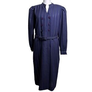 Vintage Schrader Sport Petite Dress‎ 10 Pinstripe Midi Belted 80s Academic